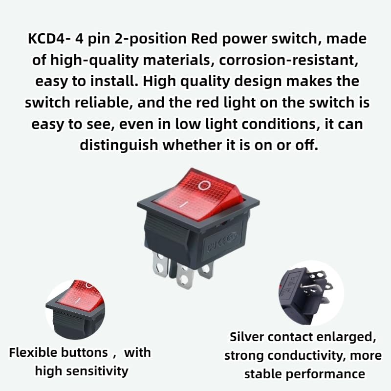 Uiivup 1Pcs KCD4-16A/250V 20A/125V AC on/Off Switch，Red Light 4 Pin Rocker Switch,Suitable for Water dispensers, Motorcycle Lights, Toy Cars, Treadmills, Electronic Device Power switches,ect - Image 4